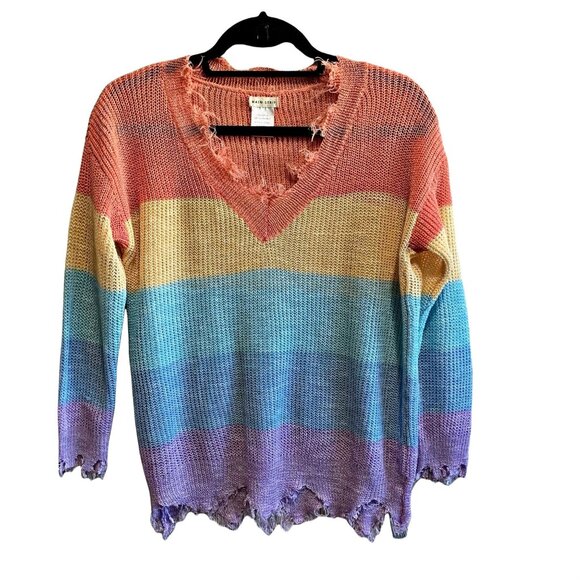 Main Strip Rainbow Raw Hem Distressed Pastel Sweater S - Picture 1 of 6